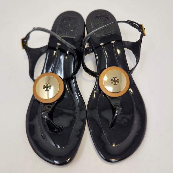 Tory Burch Black Patent Leather T Strap Thong Heel Sandal Women Size 10.5 M Shoe - Picture 2 of 10